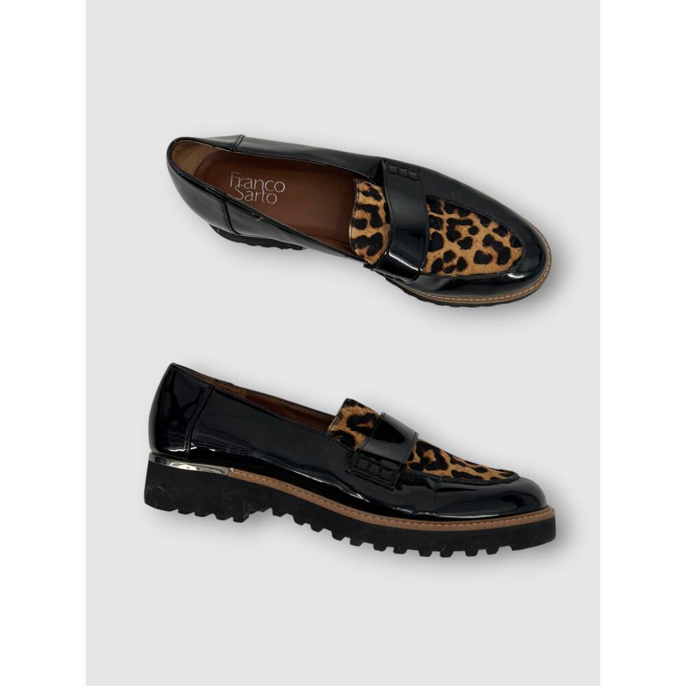 Franco Sarto Black Patent & Leopard Calf Hair Platform Penny Loafer Size 8.5